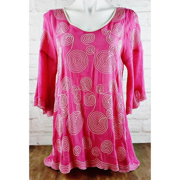 Esley Tops - Esley Pink Top/Tunic with White Embroidery Design; Scalloped Hem ~ Size Medium